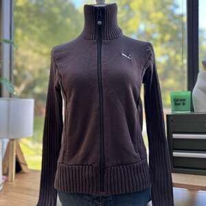 PUMA Brown Zip Up Sweater Jacket Y2K Fleece Ribbed Knit Mock Neck Womens S